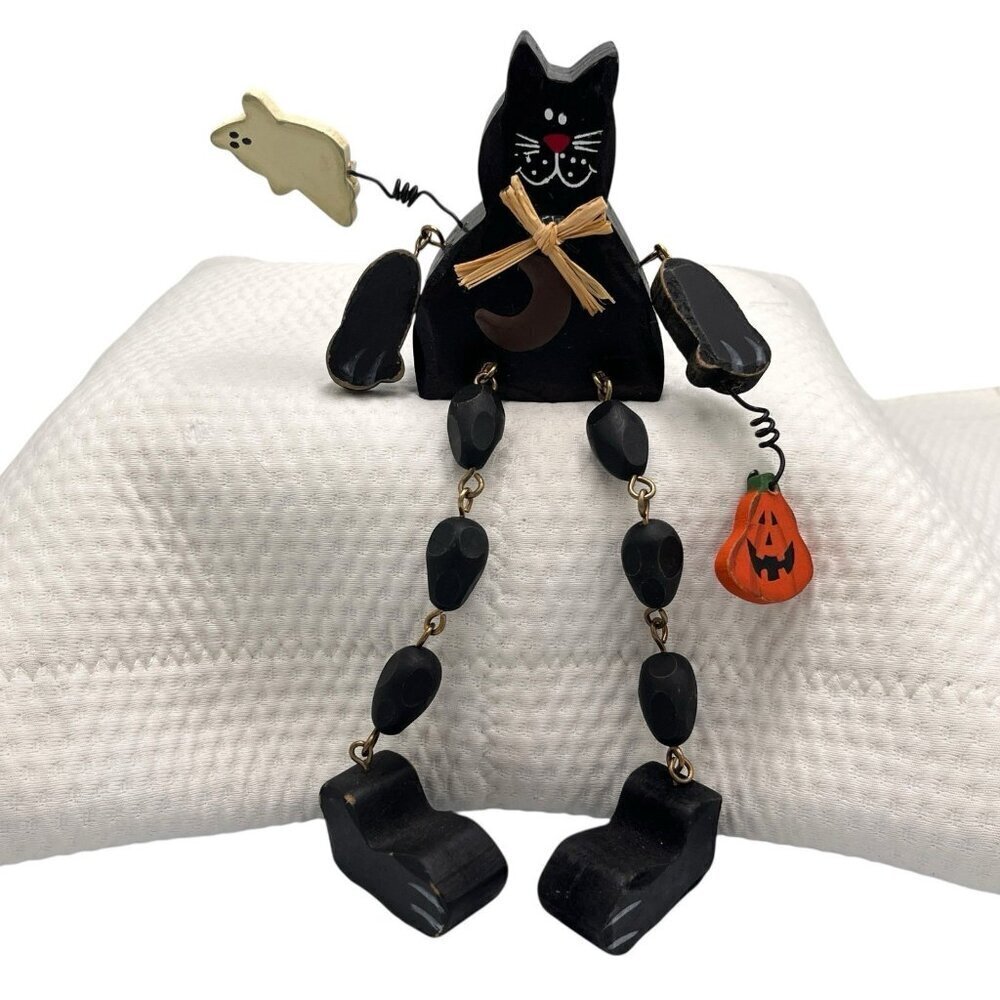 Wooden Folk Art Black Cat Shelf Sitter Figurine w/ Ghost Pumpkin Halloween Decor